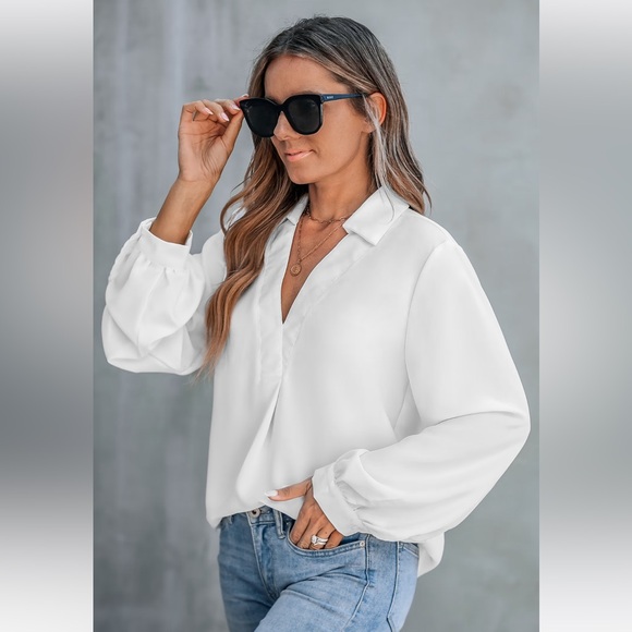 NEW Cupshe White Collared V-Neck Long Sleeve Top, Medium - Picture 3 of 8